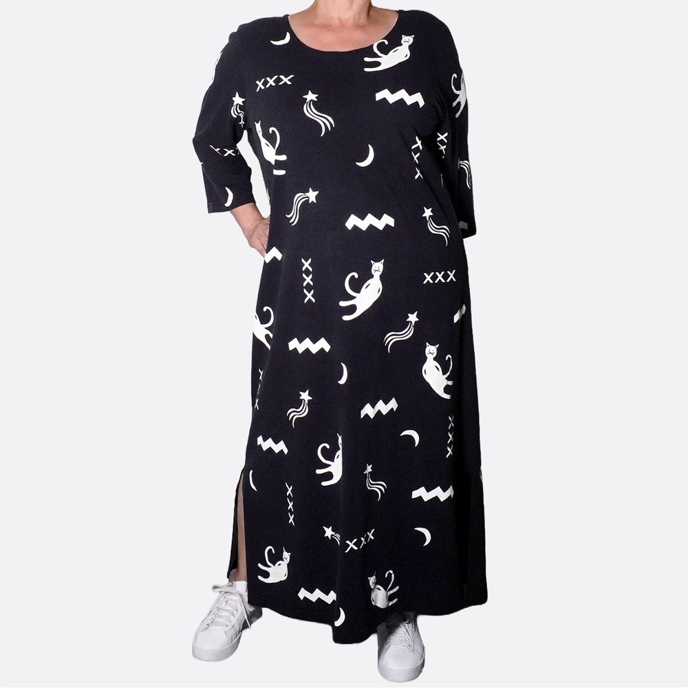 Celestial Whimsigoth Cat‎ Moon Star 100% Cotton Maxi Dress Plus 1X Made in USA